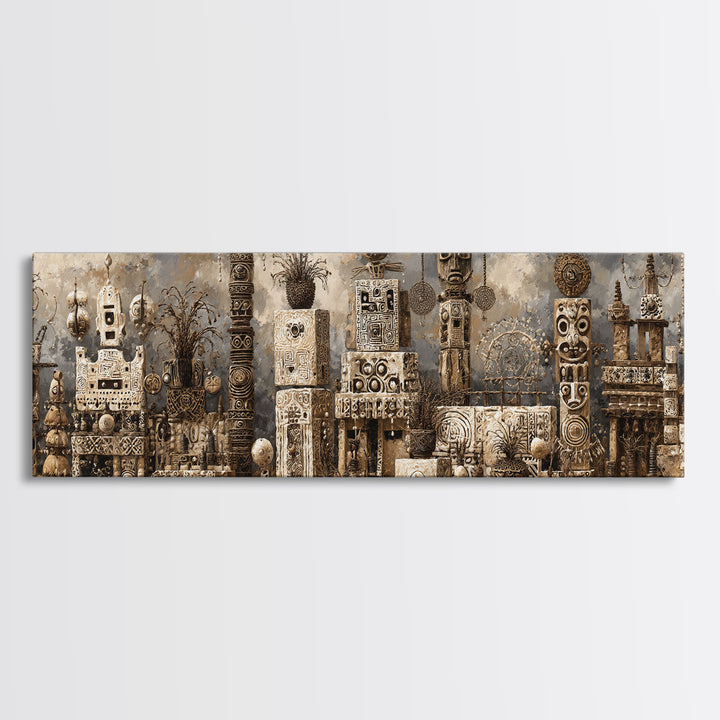 Monochrome African Totem Sculptures And Carved Masks Framed Canvas Print, Tribal Wall Decor, African Artwork, Cultural Art