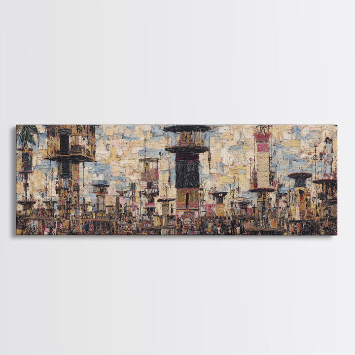 Abstract African City Skyline With Towers And Market Life Wall Art, Modern African Art, Urban Wall Art, Cultural Home Decor