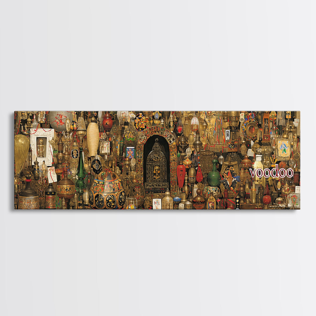Voodoo Altar Shelf With Masks Bottles And Sacred Objects Canvas Print, Afrocentric Wall Art, African Decor, Spiritual Wall Decor