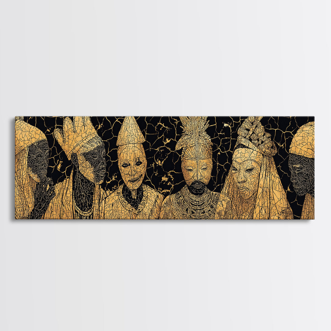 Gold African Royal Figures In Patterned Tribal Masks Framed Canvas Print, Black And Gold Art, African Wall Decor, Afro Art