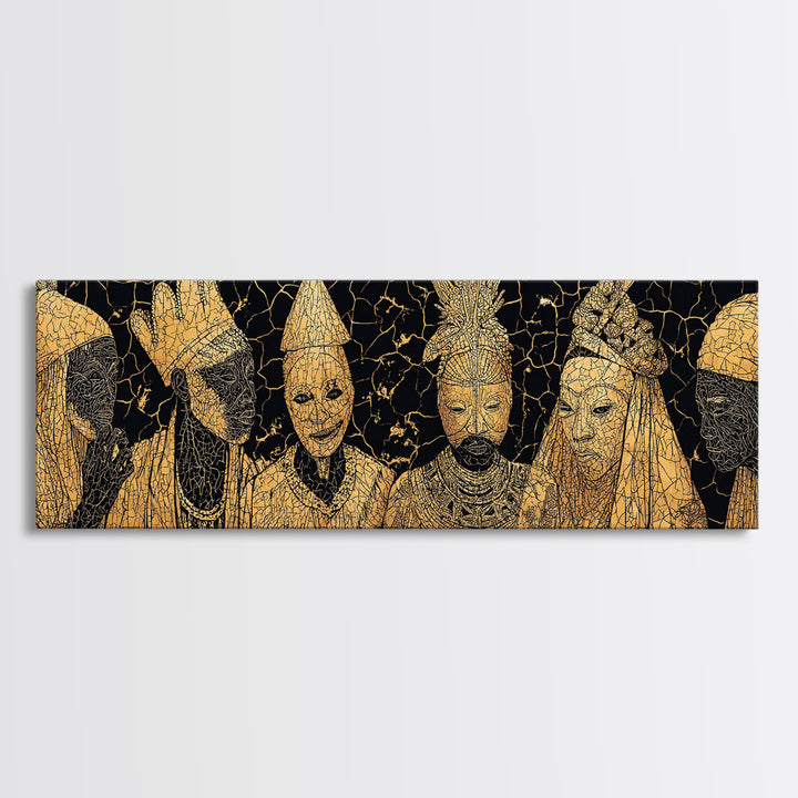 Gold African Royal Figures In Patterned Tribal Masks Framed Canvas Print, Black And Gold Art, African Wall Decor, Afro Art