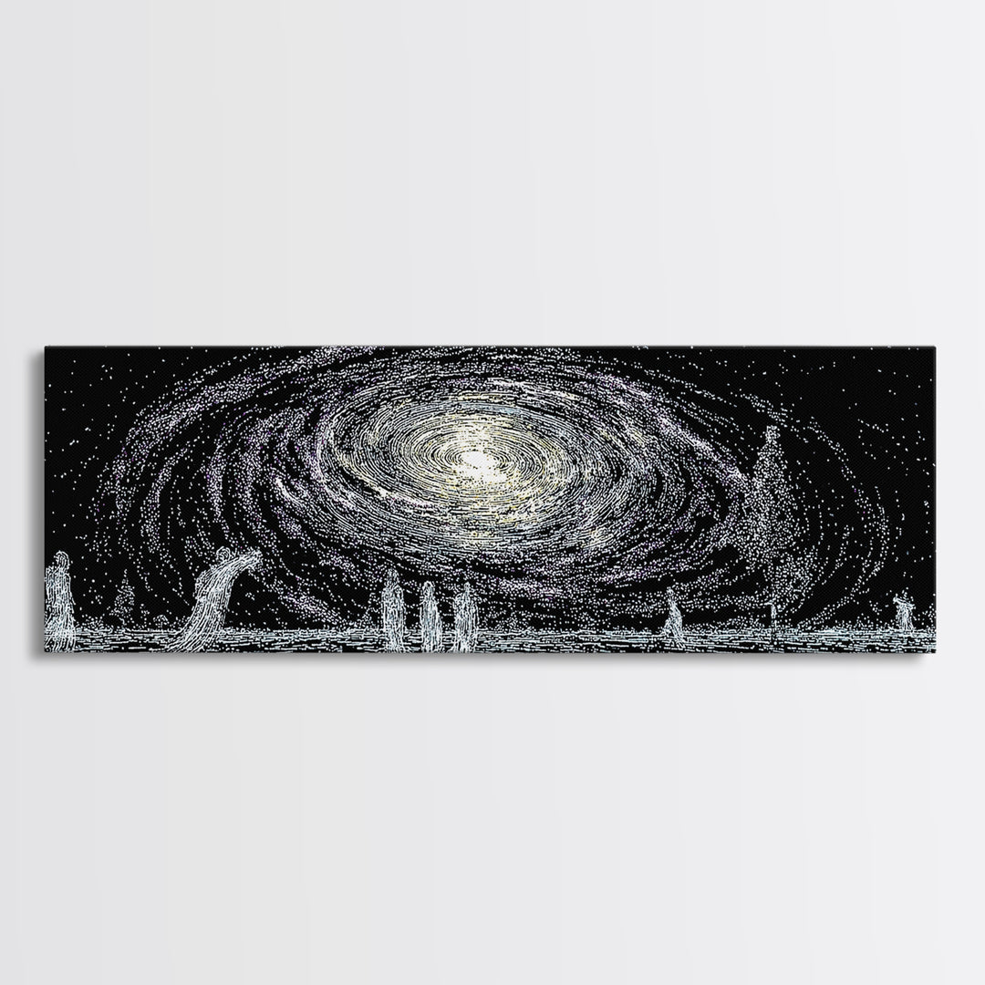 Cosmic Spiral Galaxy Over Water And Tiny Figures Canvas Print, Mystical Wall Art, Black And White Art, Contemporary Wall Art
