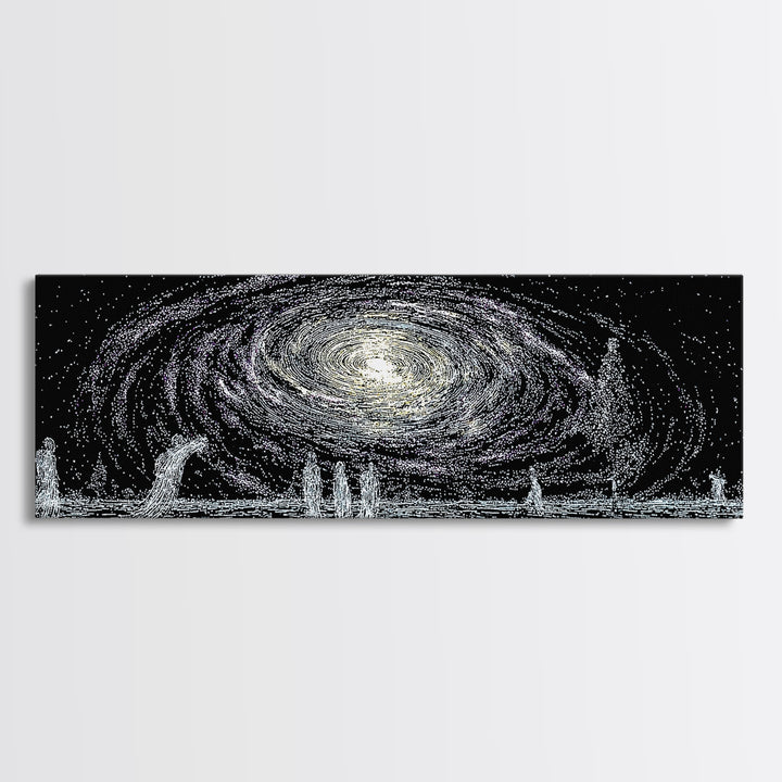 Cosmic Spiral Galaxy Over Water And Tiny Figures Canvas Print, Mystical Wall Art, Black And White Art, Contemporary Wall Art