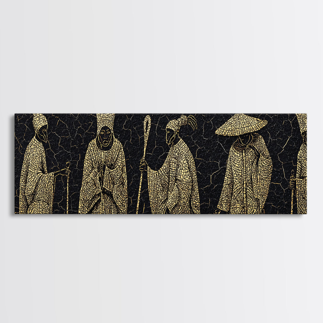 Gold African Elder Procession Wall Art, Ancient African Art, Tribal Figures Canvas Print, Black And Gold Cultural Decor Gift