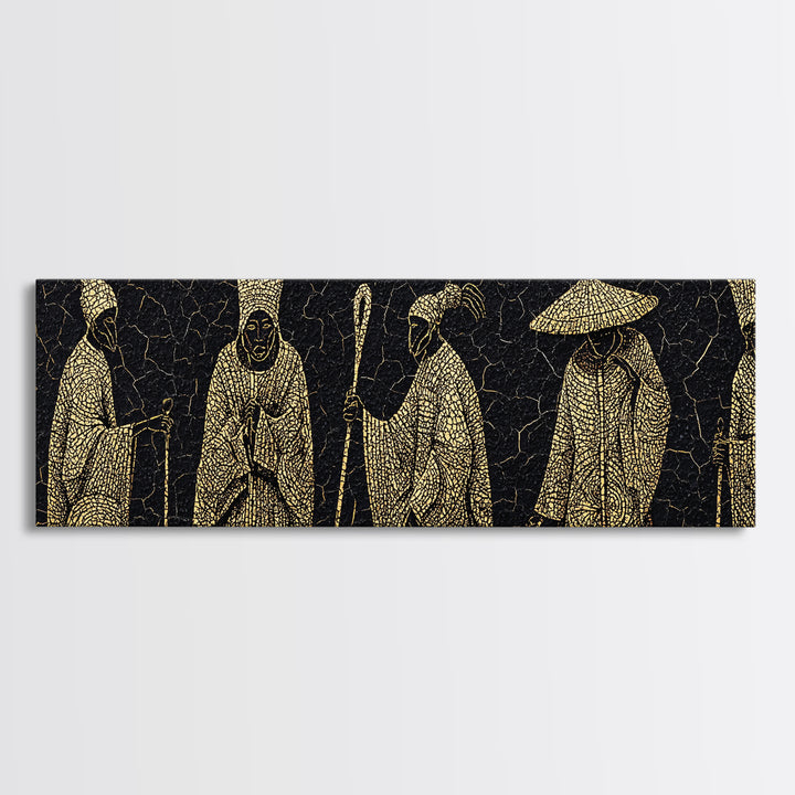 Gold African Elder Procession Wall Art, Ancient African Art, Tribal Figures Canvas Print, Black And Gold Cultural Decor Gift