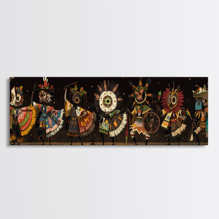 Masked African Dancers In Colorful Tribal Costumes Wall Art, Afrocentric Canvas Print, Cultural Statement Living Room Decor