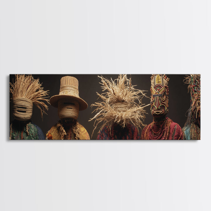 Straw Masked African Figures In Woven Textiles Framed Canvas Print, Tribal Portrait Wall Art, Afrocentric Home Decor Gift