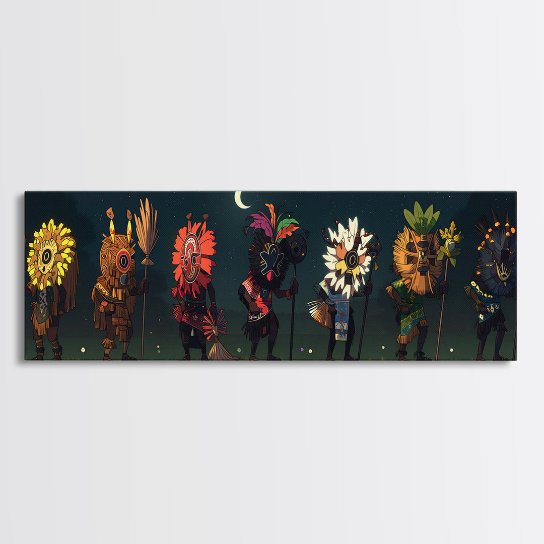 Moonlit African Mask Procession With Flower Headdresses Wall Art, Tribal Canvas Print, Boho Afrocentric Room Decor Statement Gift