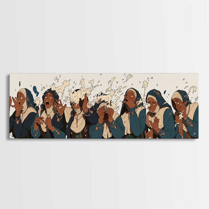 African Women Choir Clapping In Blue Robes Wall Art, Cultural Canvas Print, Black Women Art Church Prayer Home Decor Gift