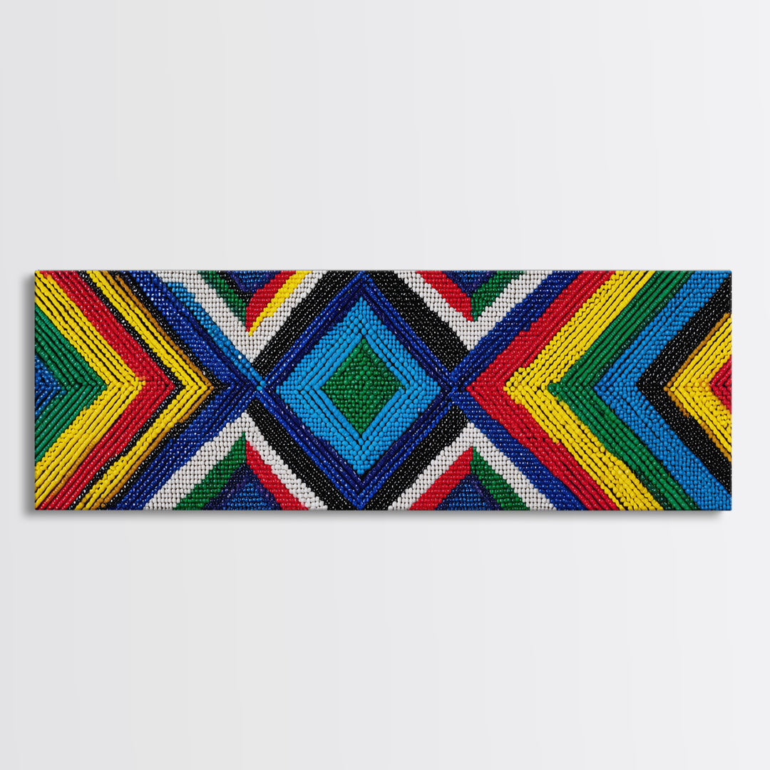 Vibrant Beaded Diamond Chevron Wall Art, African Tribal Pattern, Geometric Textile Print, Colorful Boho Home Decor, Statement Piece