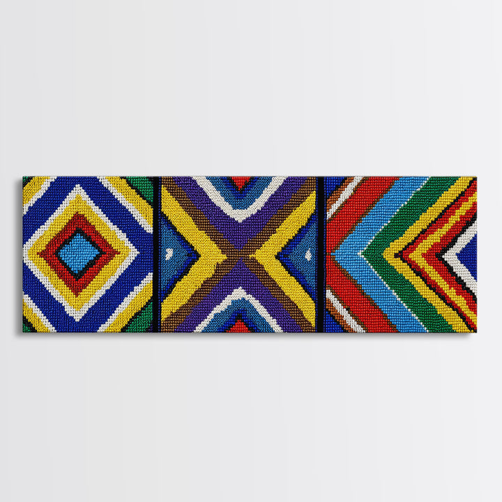Three Panel Beaded Diamond Canvas Print, African Tribal Chevron Pattern, Geometric Wall Art, Colorful Boho Wall Decor, Set Of 3 Art