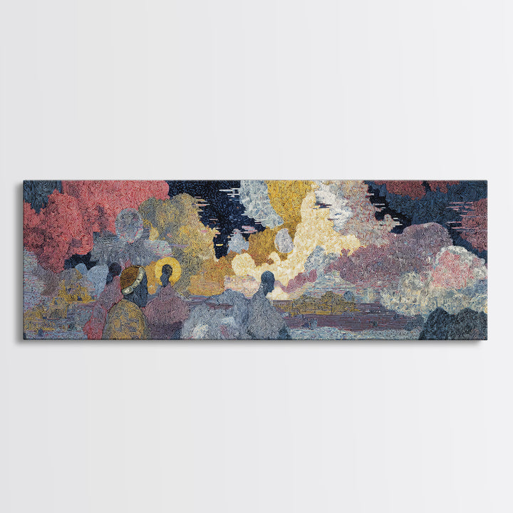 Sunset Harbor Figures In Textured Clouds Wall Art, African Inspired Landscape, Colorful Modern Canvas Print For Living Room