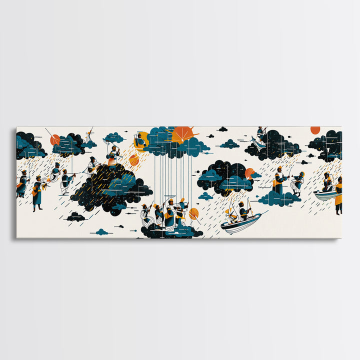 Whimsical Rain Cloud Journey Wall Art, Tiny Boats And Figures Illustration, Modern Blue Orange Canvas Print, Playful Decor