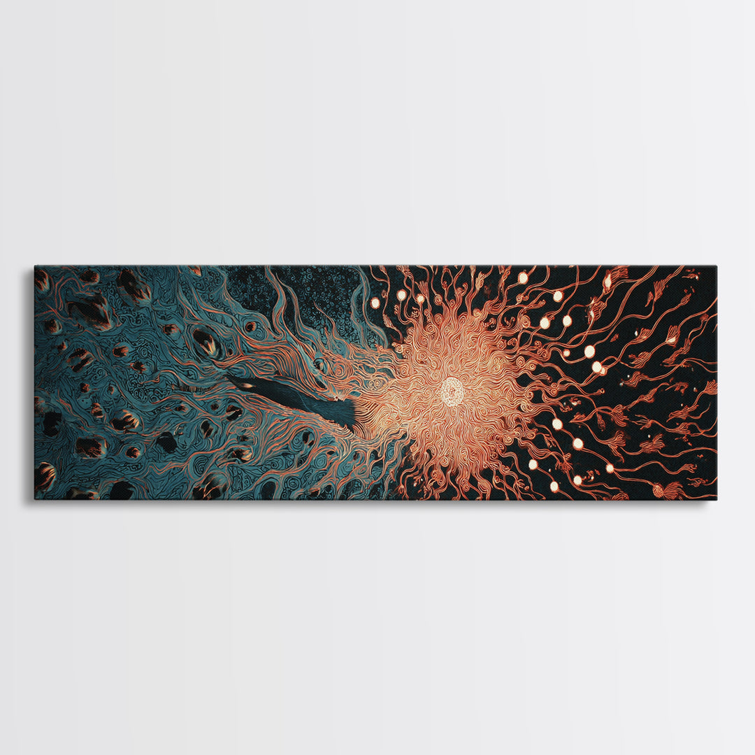 Fiery Coral Organic Bloom Wall Art, Teal Black Abstract Canvas Print, Contemporary Fluid Energy Decor, Bold Home Artwork