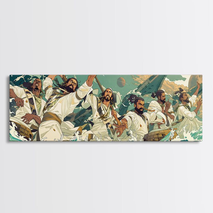 Heroic African Warriors At Sea Wall Art, Dynamic Cultural Canvas Print, Afrocentric Ocean Adventure Decor, Bold Statement Art