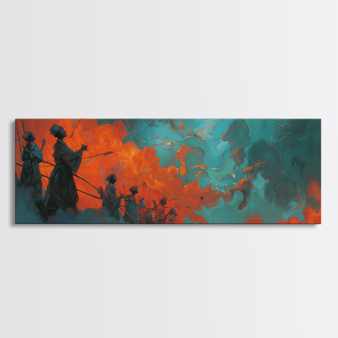 Orange Teal African Warriors In Storm Wall Art, Afrocentric Canvas Decor, Black Culture Art, Ancestral Spirit African Wall Decor