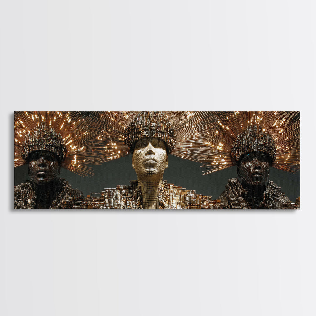 Radiant African Futurist Trio Framed Canvas Print, Black Culture Art, Afrocentric Wall Art, Gold Jewelry Canvas Decor Gift