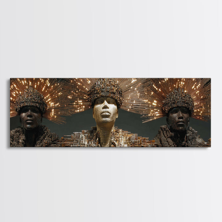 Radiant African Futurist Trio Framed Canvas Print, Black Culture Art, Afrocentric Wall Art, Gold Jewelry Canvas Decor Gift
