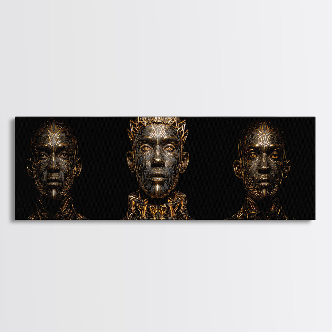 Three Crowned Black Kings In Gold Wall Art, African Warrior Art, Afrocentric Canvas Decor, Black Culture Art, Royal Portrait