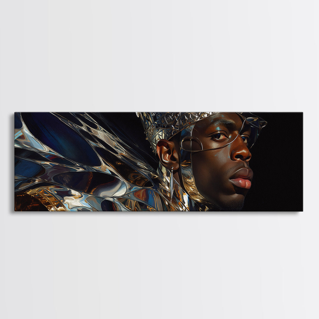 Chrome Crown Black Prince Portrait Canvas Print, Afrofuturism Decor, Black Man Wall Art, Luxury Canvas Art, Royal Statement Decor