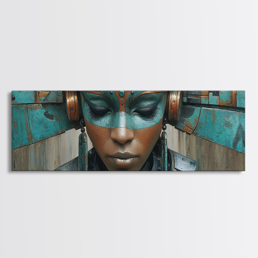 Futuristic Turquoise African Queen Mask Canvas Print, Afrofuturism Decor, Black Goddess Portrait, Modern Afro Wall Decor