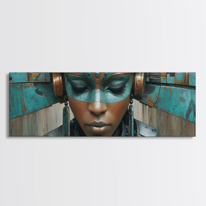 Futuristic Turquoise African Queen Mask Canvas Print, Afrofuturism Decor, Black Goddess Portrait, Modern Afro Wall Decor