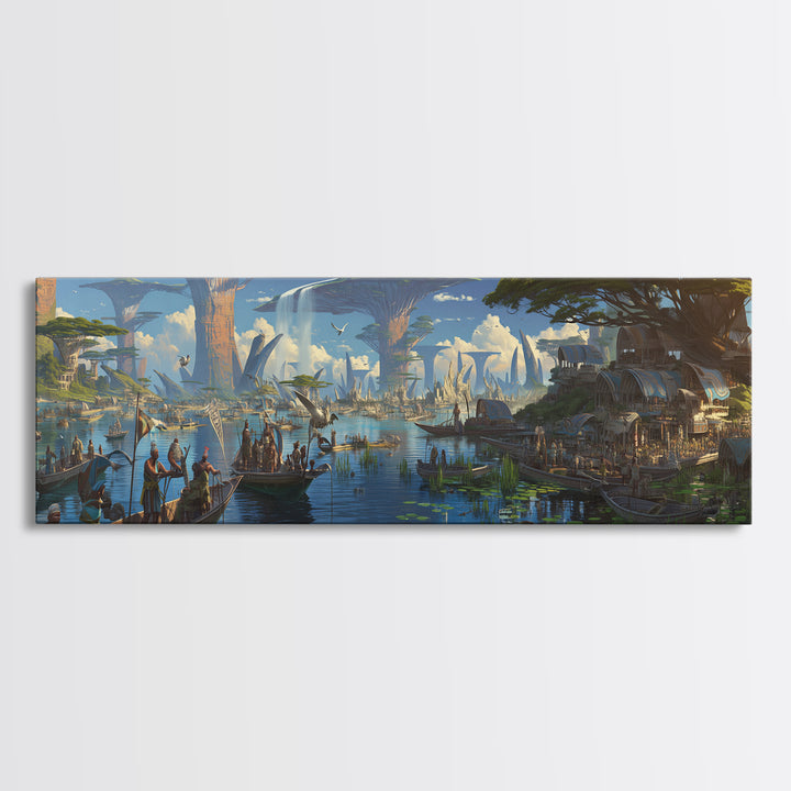 Afrofuturist African Waterfront Village Wall Art, Fantasy Baobab Landscape, Cultural Safari Decor, Unique Canvas Gift, Home Decor
