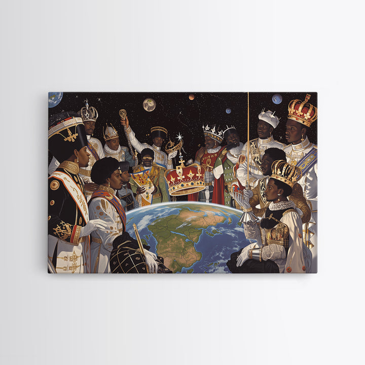 Cosmic African Royal Council Over Earth Wall Art, Afrocentric Black History Decor, African American Art, Regal Canvas Print