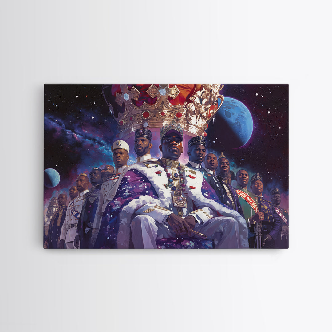 Galactic Black King And Royal Guard Framed Canvas Print, African American Art, Afrocentric Wall Decor, Black Man Portrait