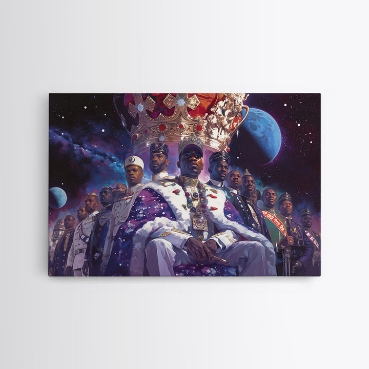 Galactic Black King And Royal Guard Framed Canvas Print, African American Art, Afrocentric Wall Decor, Black Man Portrait