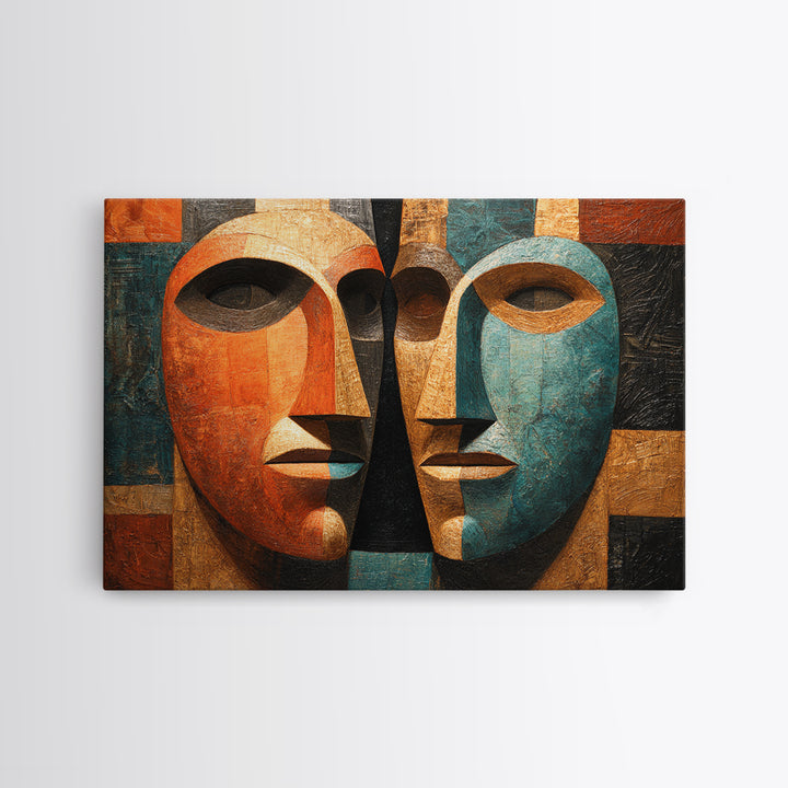 Cubist African Mask Faces Canvas Print, Abstract African Art, Tribal Wall Decor, Geometric Portrait, Bold Home Decor Gift