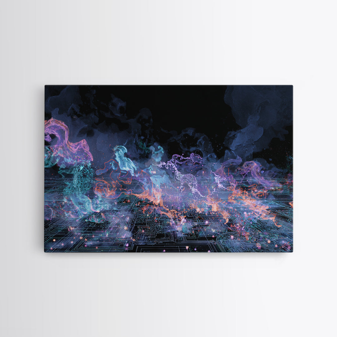 Neon Spirit Horses Over Cyber Grid Wall Art, Digital Art, Mystical Wall Decor, Abstract Black Canvas Print, Modern Decor