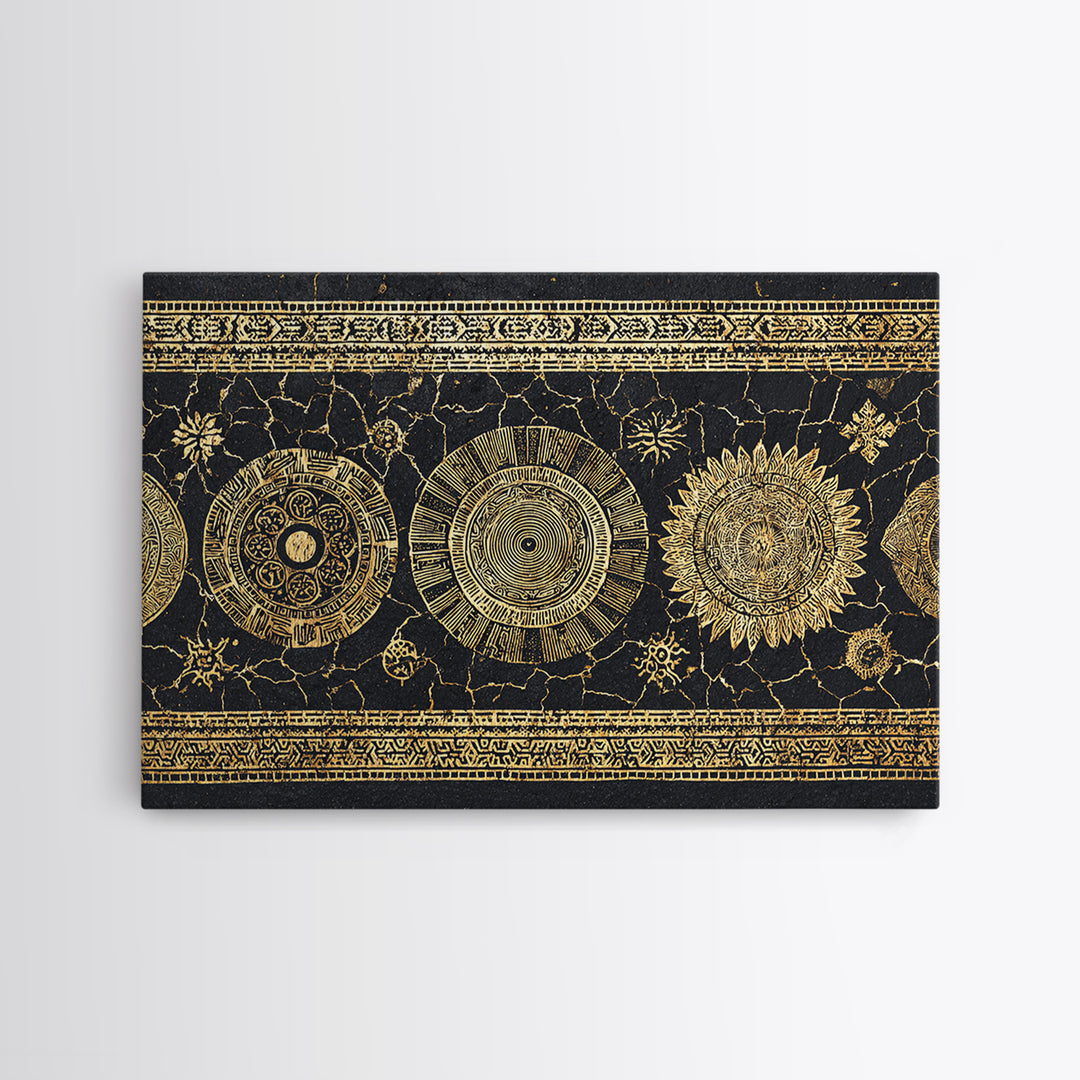 Gold Celestial Sun And Moon Wall Art, Black And Gold Art, Mystical Wall Decor, Bohemian Canvas Print, Statement Decor Gift