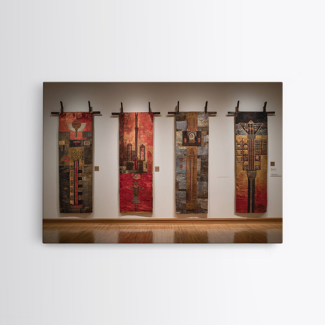 Earth Tone Textile Banners In Gallery, African Wall Art, Cultural Home Decor, Textile Art, Modern Framed Canvas Print, Museum Decor