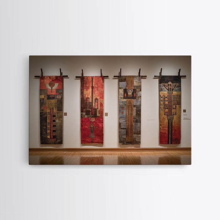 Earth Tone Textile Banners In Gallery, African Wall Art, Cultural Home Decor, Textile Art, Modern Framed Canvas Print, Museum Decor