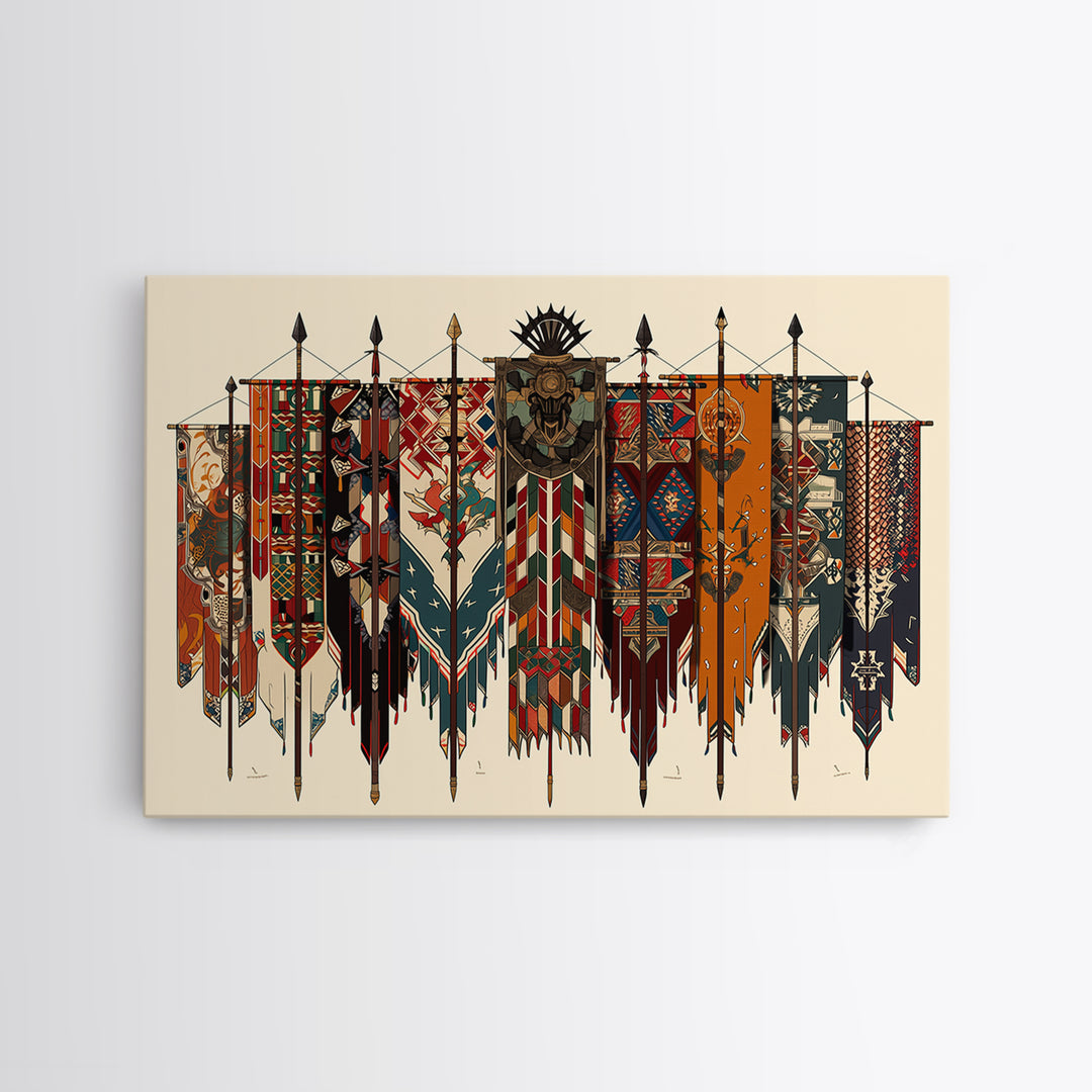 Patterned Tribal War Banners With Spears, African Wall Art, Ankara Decor, Cultural Art Print, Bold Framed Canvas Print, Ethnic Wall Decor