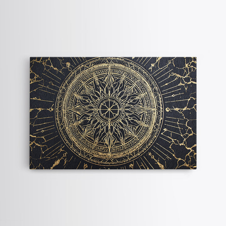 Black Gold Celestial Sun Mandala, African Wall Art, Spiritual Wall Decor, Abstract Ethnic Art, Luxury Canvas Print, Black And Gold Art