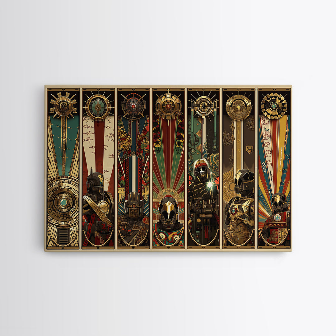 Futuristic Tribal Totem Panels And Helmets, African Wall Art, Afrofuturism Decor, Geometric Art, Framed Canvas Print, Bold Home Decor