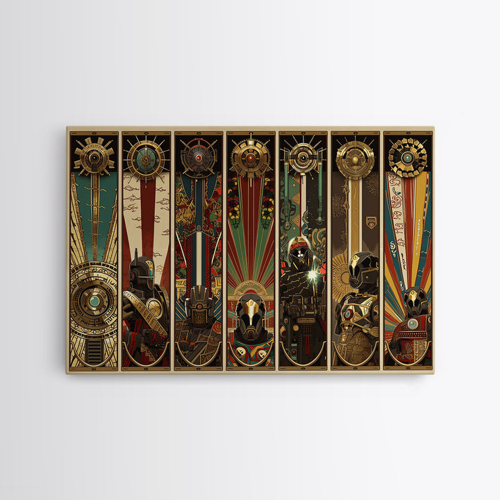 Futuristic Tribal Totem Panels And Helmets, African Wall Art, Afrofuturism Decor, Geometric Art, Framed Canvas Print, Bold Home Decor