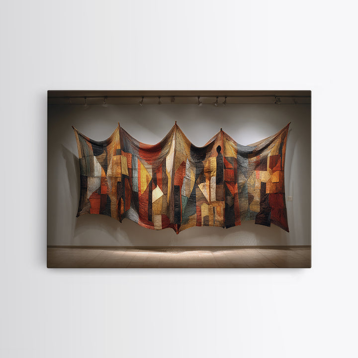Abstract Quilted Textile Wall Hanging, African Wall Art, Earth Tone Wall Art, Fabric Art, Cultural Framed Canvas Print, Gallery Wall Art