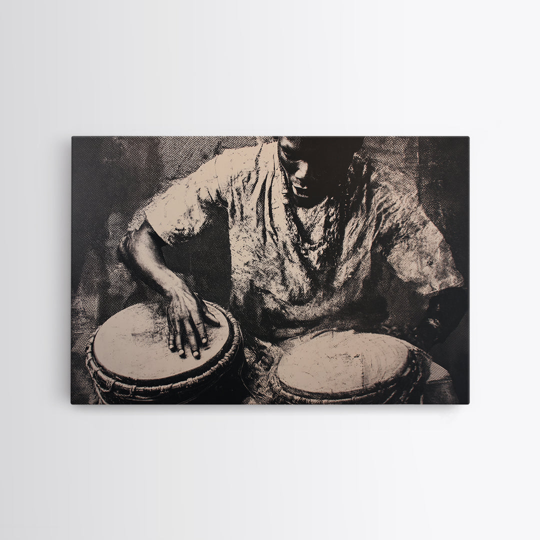 Monochrome African Drummer Portrait, African Wall Art, Black Culture Art, Tribal Decor, Black Art Print, Framed Canvas Print