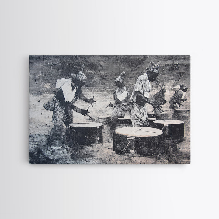 African Drummers In Monochrome Wall Art, Tribal Music Canvas, Afrocentric Decor, Black Culture Art, Living Room Wall Decor