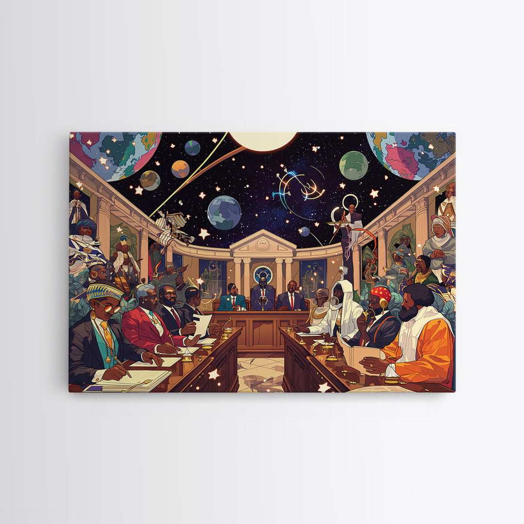 Afrofuturist African Council In Space Canvas Print, Black Culture Art, Diaspora Art, Modern African Art, Statement Wall Decor