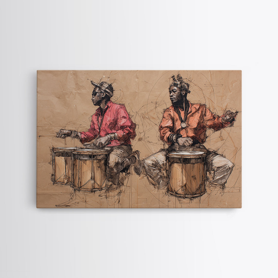 Two African Drummers Sketch Framed Canvas Print, Tribal Art Print, African Culture Art, Music Room Decor, Afrocentric Artwork
