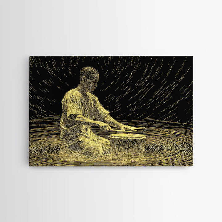 Golden African Drummer Line Art Wall Art, Black And Gold Art, Spiritual Music Decor, Afrocentric Wall Art, Unique Canvas