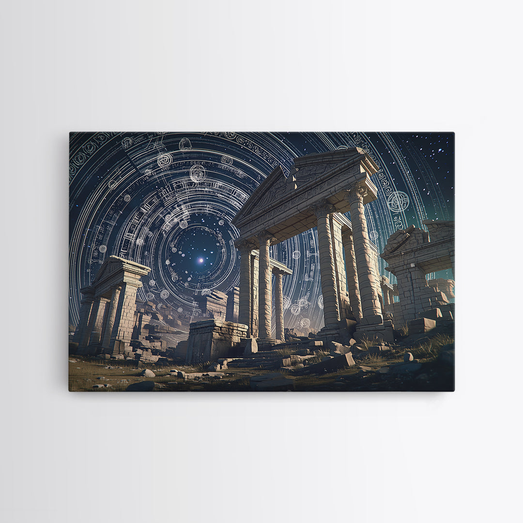 Starlit Ancient Temple Ruins Framed Canvas Print, Mystical Wall Art, Spiritual Wall Decor, Astrology Inspired Home Decor