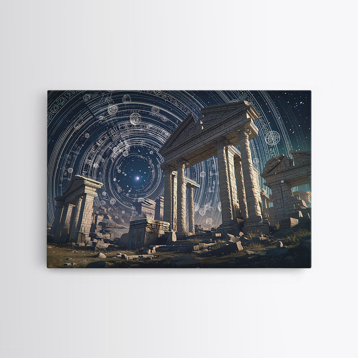 Starlit Ancient Temple Ruins Framed Canvas Print, Mystical Wall Art, Spiritual Wall Decor, Astrology Inspired Home Decor