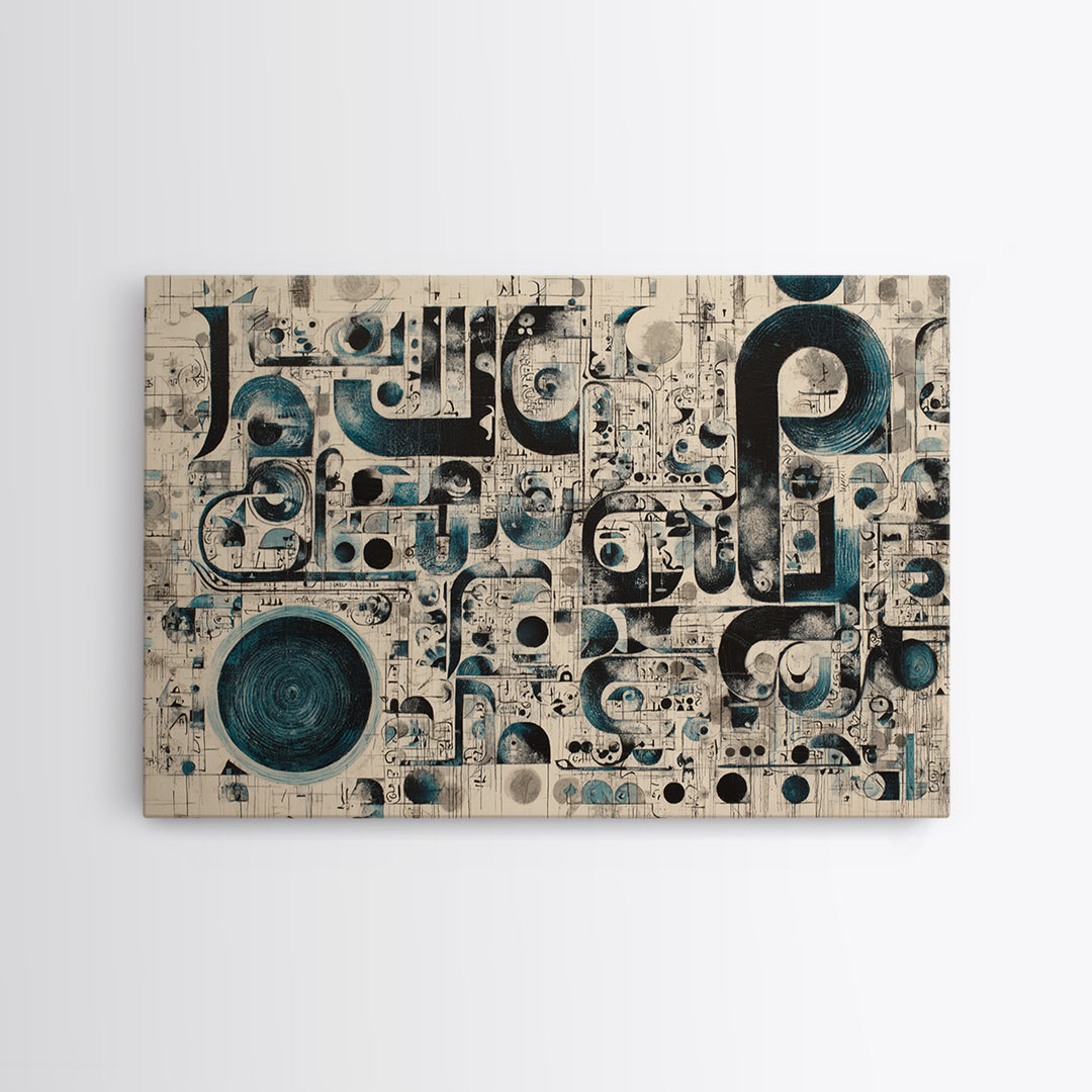 Modern Teal Black Geometric Symbols Canvas Print, Abstract Pattern Wall Decor, Contemporary Art, Office Home Accent, Statement Piece