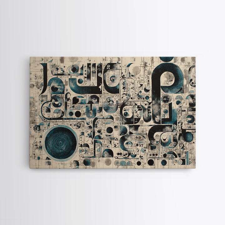Modern Teal Black Geometric Symbols Canvas Print, Abstract Pattern Wall Decor, Contemporary Art, Office Home Accent, Statement Piece