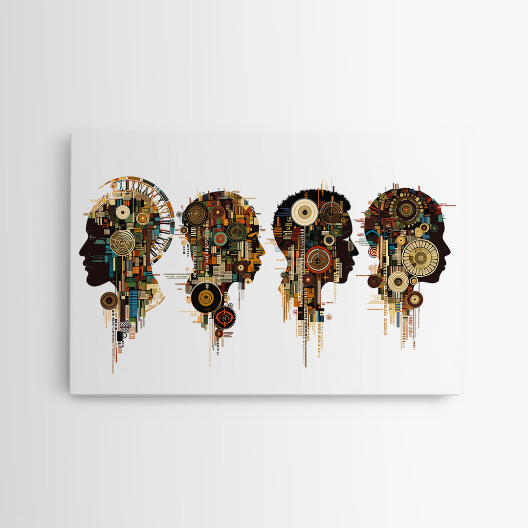 Four Afrofuturist Profile Heads Wall Art, Geometric Portrait Canvas, Black Culture Decor, Modern Abstract Office Gift For Home